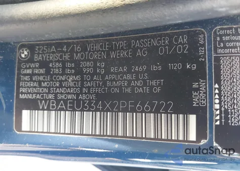 2002 BMW 325Xi z USA, uszkodzony, nr VIN WBAEU334X2PF66722